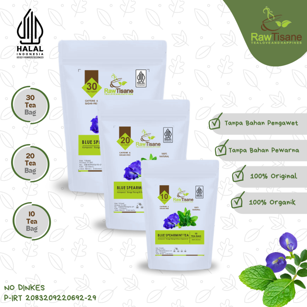 Raw TIANE Blue Spearmint Tea: Telang Flower Tea & Spearmint Leaves Contains 10 | 20 | 30 Tea Bags