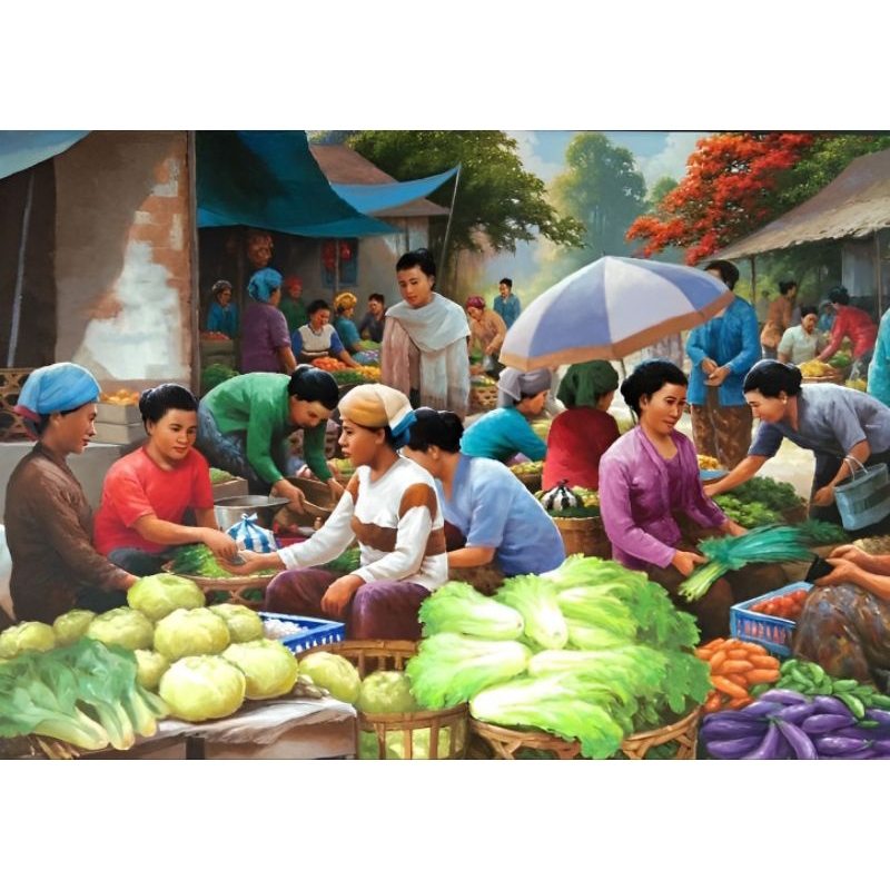 HIASAN DINDING Jumbo Wall Decoration Print Poster Traditional Market Scenery Picture Uk 100x70 Cm, Minimalist Living Room Bedroom Home Decoration NOT A PAINTING