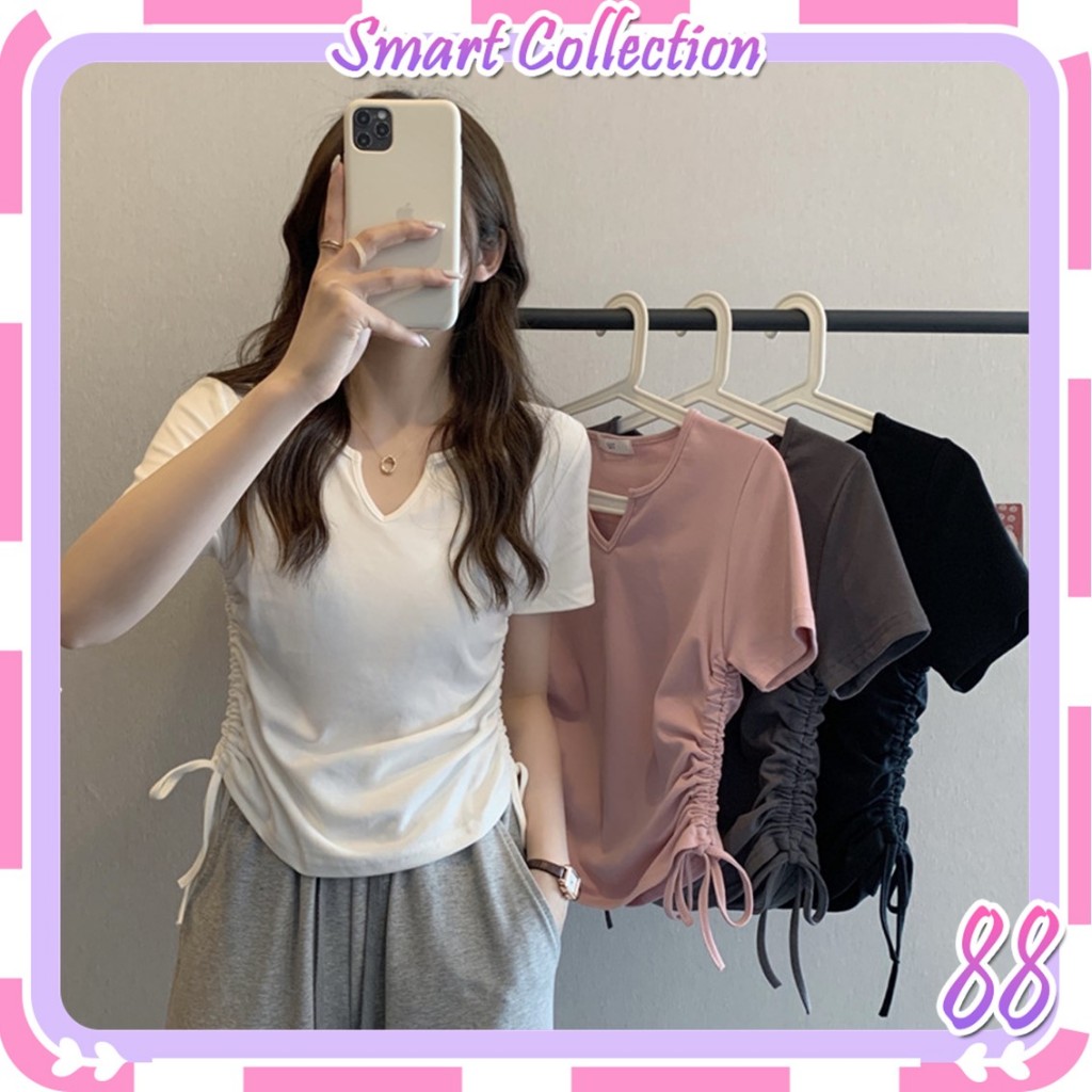 SC BJ1668 Women's Korean Spandex T-shirt Slim Short Sleeve T-shirt Drawstring V-Neck