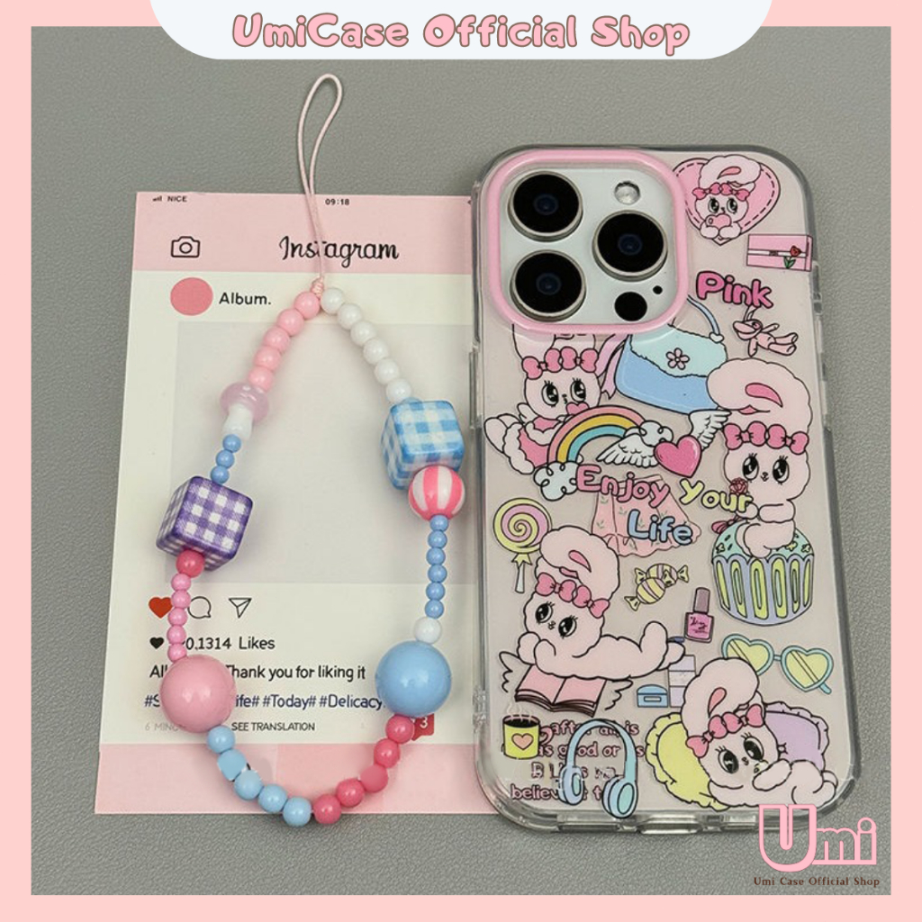 MERAH New Korean Cute Case WITH Phone String/Lovely Pink Rabbit Case WITH CHAIN For iPhone 11 12 13 14 15 PRO PROMAX/Beautiful Pink Rabbit Case WITH CHAIN For iPhone