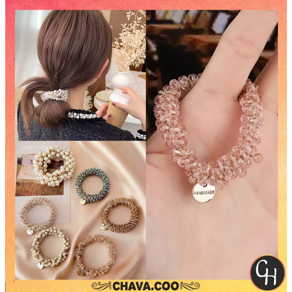 CHAVA | IR885 Korean Style Pearl Crystal Accent Elastic Hair Tie For Women Fashion Hair Accessories