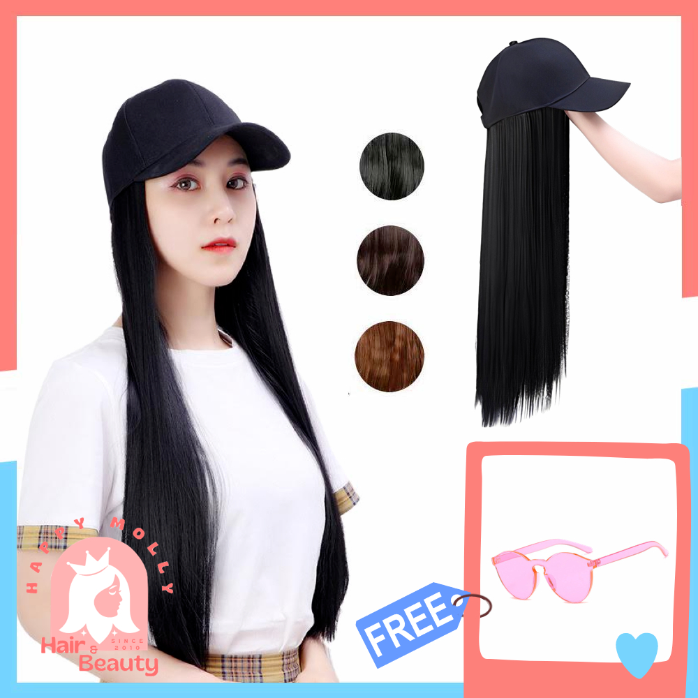 Baseball Hat - Wig Hat - Long Straight Hair Extension - Korean Women's Hair Fashion - W8253 (Group) FREE Glasses