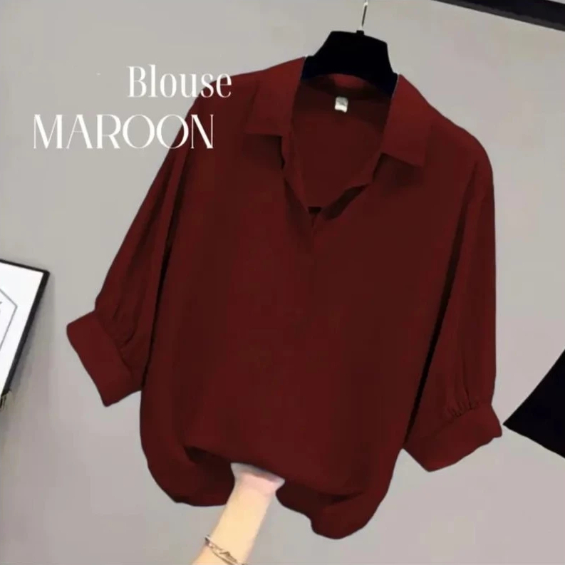 KEMEJA Women's Blouse V-Neck Shirt / Women's Shirt with Balloon Crinkle Airflow Sleeves / Modern Basic Women's Clothing