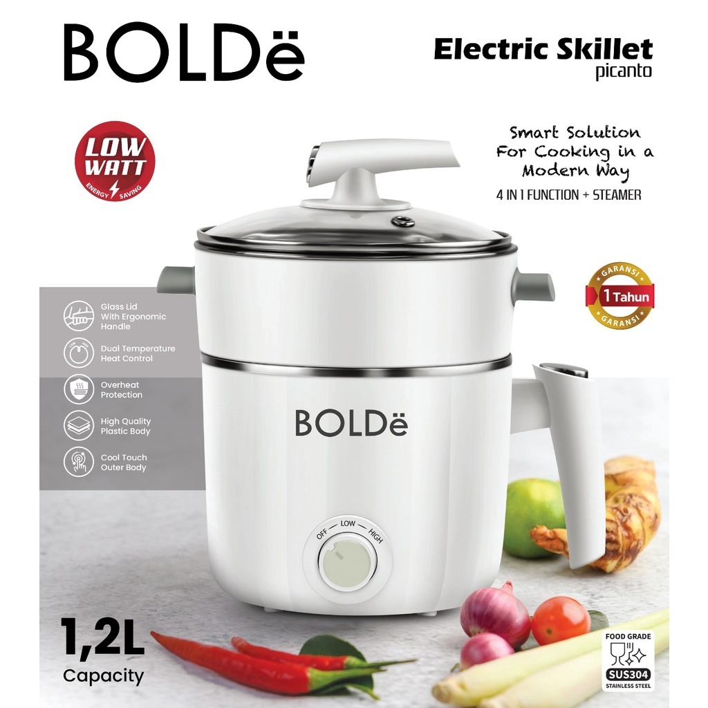 Bolde Electric Stainless Skillet Picanto 4 IN 1 Electric Pot LOW WATT 1.2 Liter Boiled Steamer Pot Stainless Steel Stainless Steel Multipurpose