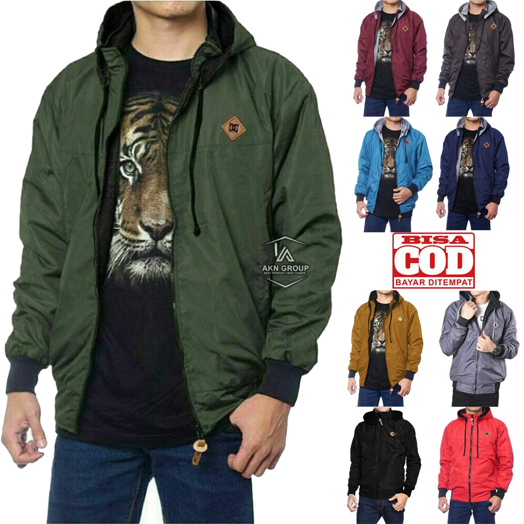 HIJAU [ READY TO SHIP ] AKN - MEN'S REVERSIBLE JACKET BB 2in1 PARACHUTE HOODIE WATERPROOF FLEECE JUMBO SIZEBIG ML XL XXL GREEN GREY COLOR
