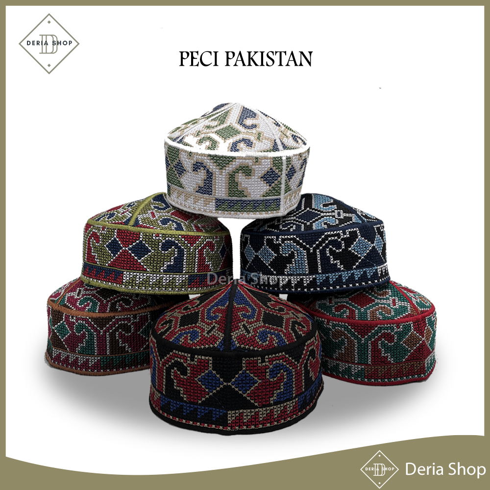 HIJAU HITAM PUTIH Pakistan Peci Ovais Motif Cap Full Embroidery Premium Hajj Skullcap Santri Prayer Men Adults Boys Round Islamic Boarding School Prayer Kopyah Black Item White Green Maroon Blue Brown Kopeah Ori Original Plain Pakistani Songkok Brothel Mo