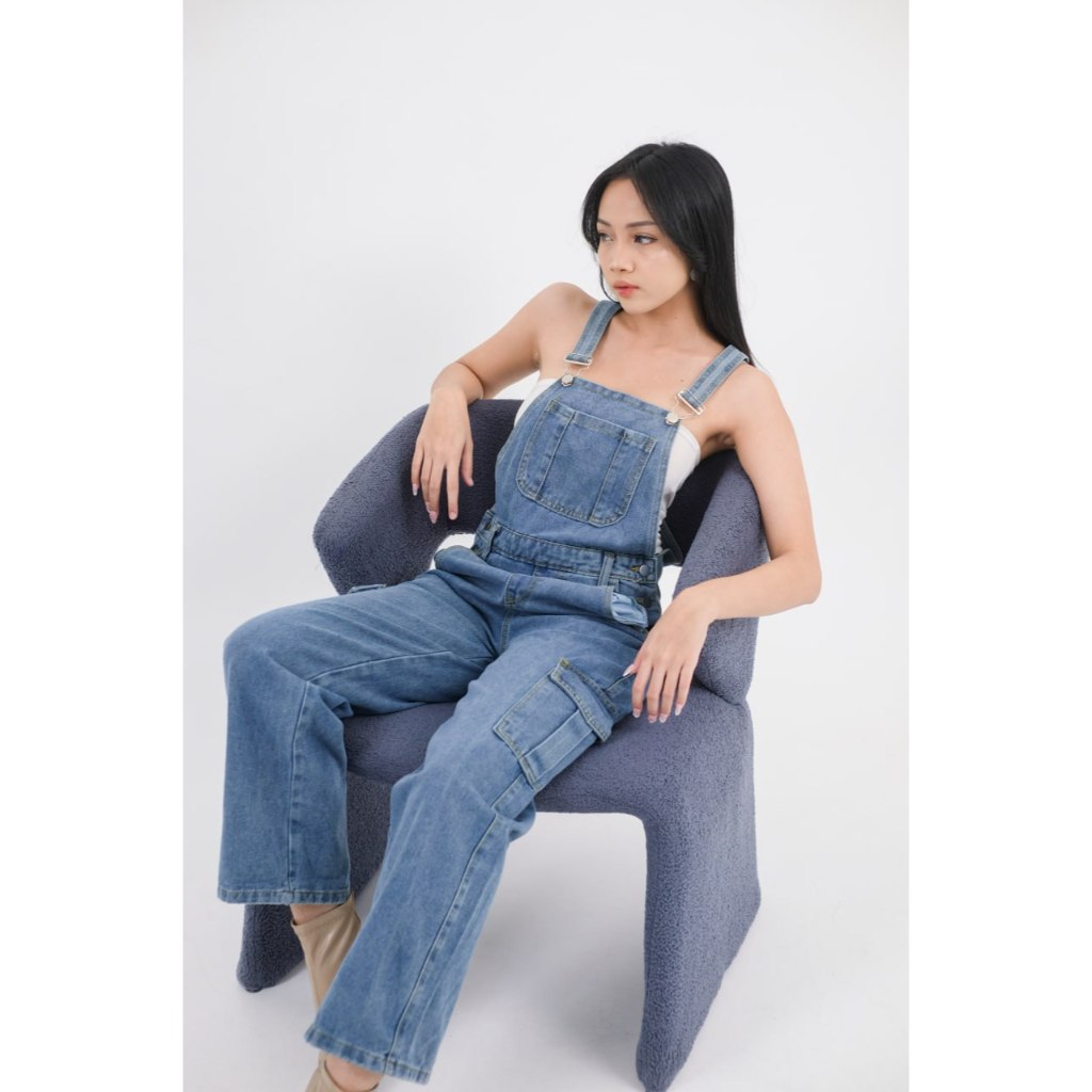 [FF-JP009-G3] Long Denim Jumpsuit Premium Denim Cargo OverallWanita