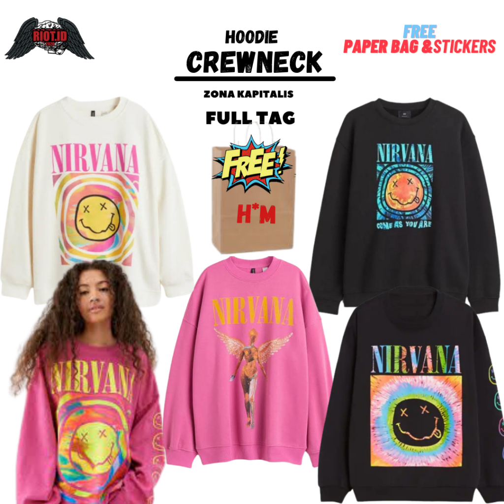 (10.10) Crewneck Sweater HM Nirvana Smile Pink FREE Paper Bag Full Tag Jacket Hoodie Women Men Women Cowo Unisex