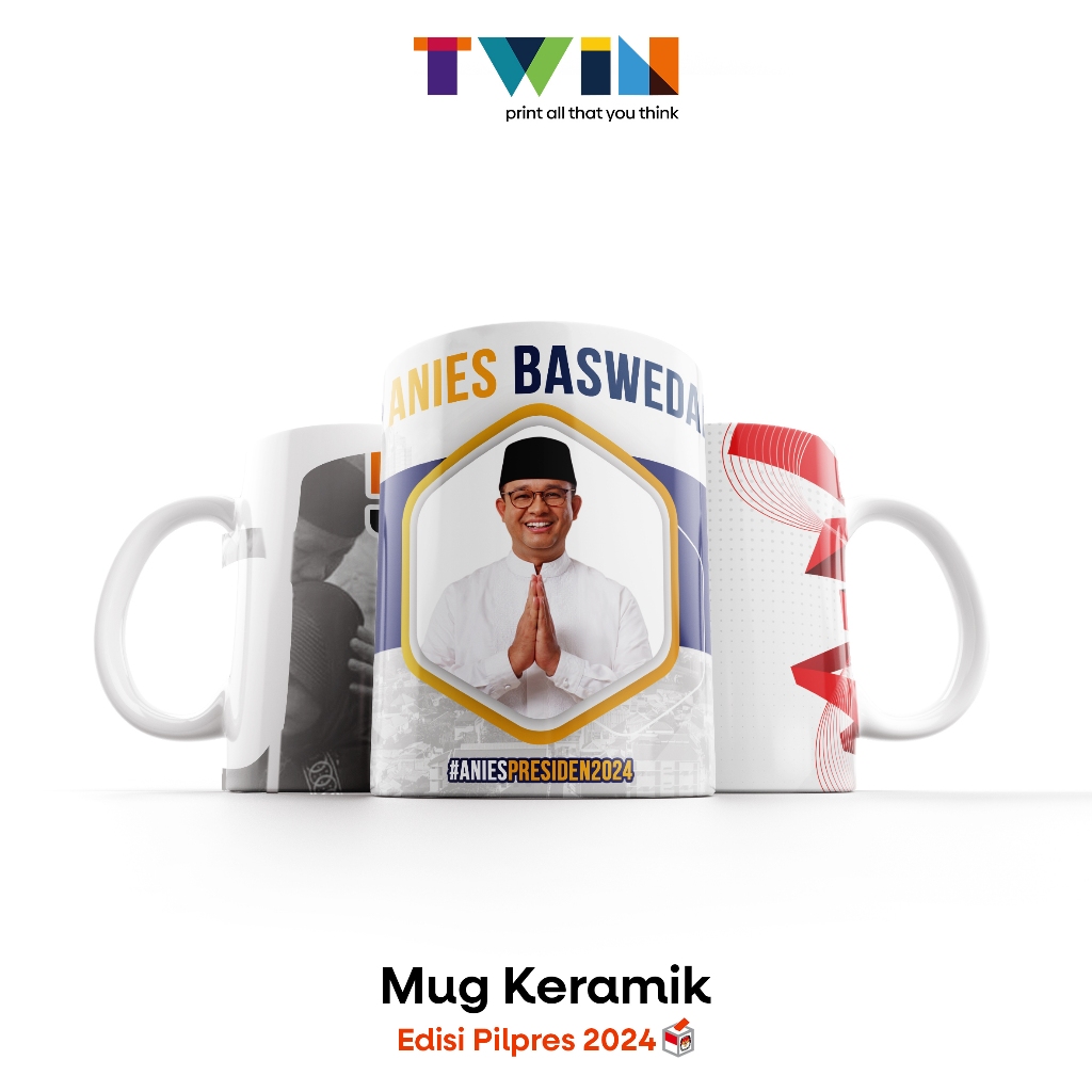 Twin ADVERTISING Print Mug For The Presidential Election Campaign 2024 – Print Glass Souvenir Merchandise Party Ganjar Anis Prabowo PDIP Nasdem Gerindra