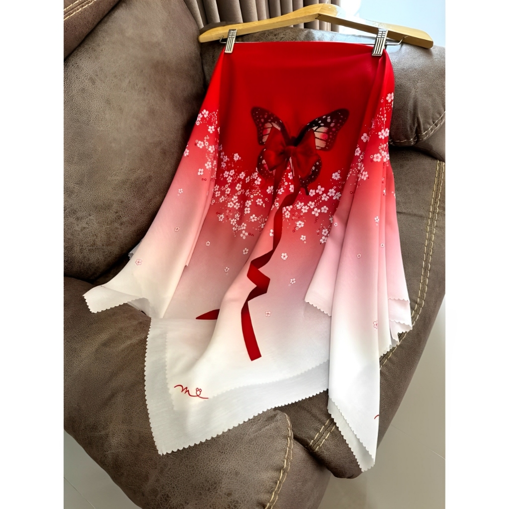 MERAH Rectangular Voal Hijab with RED WHITE BUTTERFLY Motif Rectangular Voal Hijab Independence Finishing Lasercut Rectangular Red and White Motif