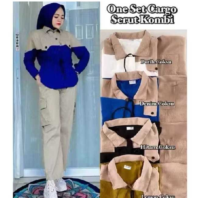 WOMEN'S CLOTHES PLAIN SUIT COMBINATION LONG SLEEVE CARGO SET LONG PANTS/ Women's Set Shirt Combination Cargo Pants/ One Set Combination Shirt Drawstring Waist Trendy Cargo Pants