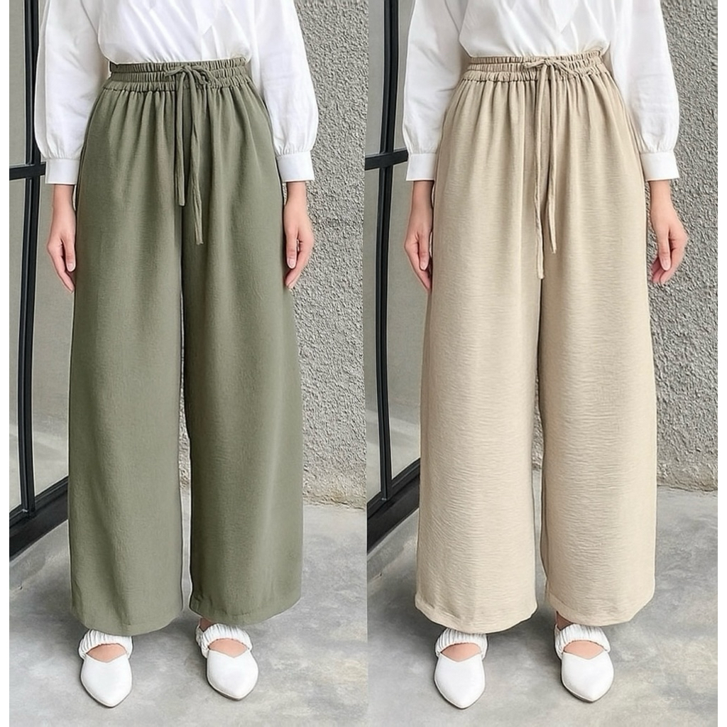 VIOLET Highwaist Loose Pants Crinkle Airflow Culottes 40-90kg Jumbo Oversize Pants with Cringkle Straps