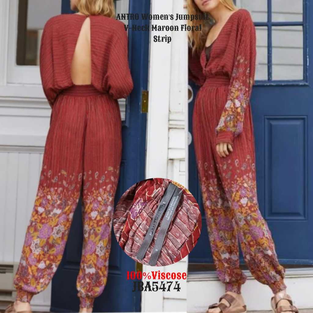 ANTRO Women's Jumpsuit V-Neck Maroon Strip Floral JBA5474
