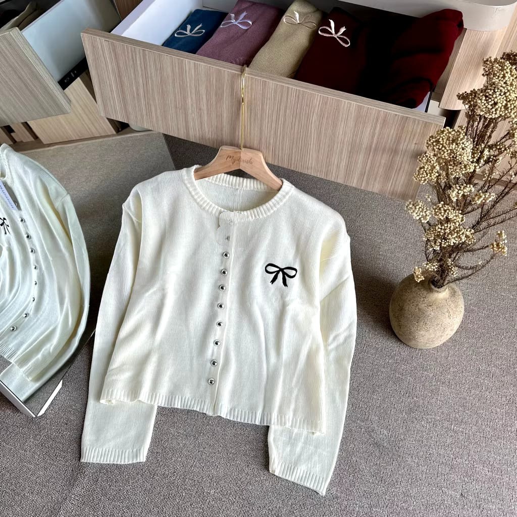 Korean Style Knitwear Women's Knit Cardigan with Ribbon Embroidery Variations Oversize Tops
