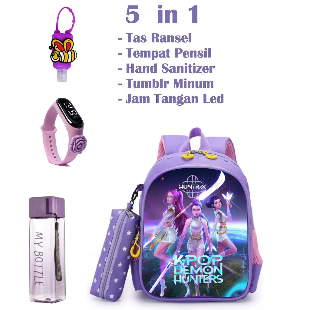 5-in-1 Package of Kindergarten and Elementary School Girls' Backpacks with KPOP DEMON HUNTER Characters, PREMIUM Quality
