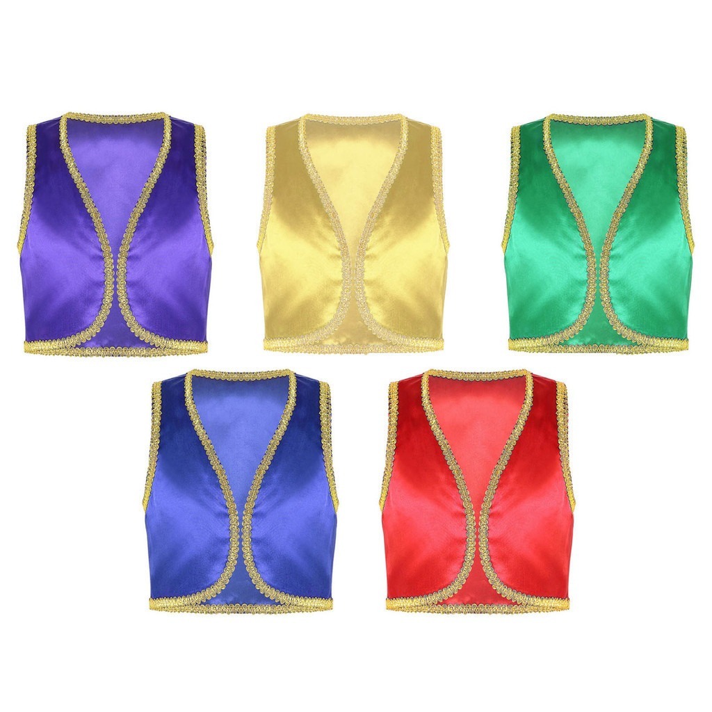 Satin Dance Vest Arabian Satin Vest Lace List Kids Boys Arabian Prince Vest Halloween Cosplay Fancy Dress Up Costumes Waistcoat for Children Roleplay Stage Performance Party