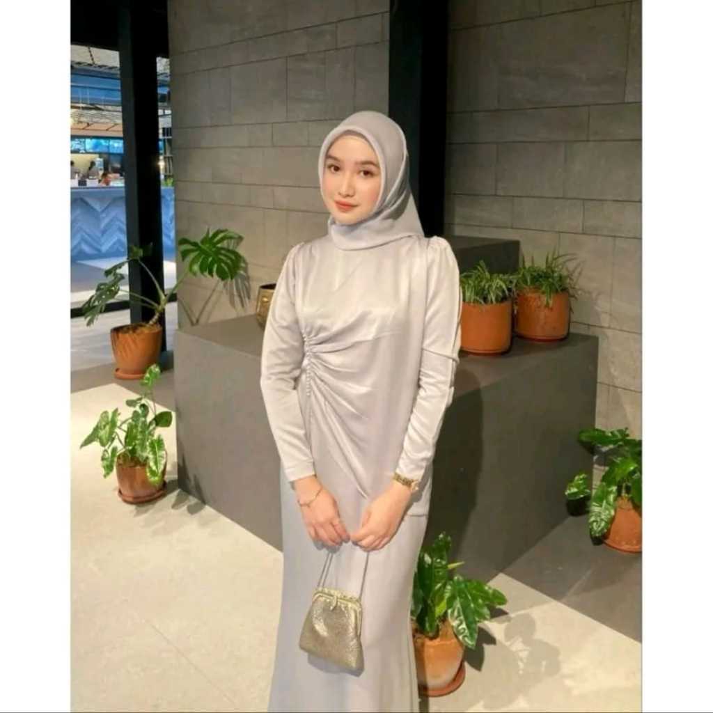 Dress silksatin with side sequins Modern button-sleeved graduation dress Simple, elegant diva gamis/