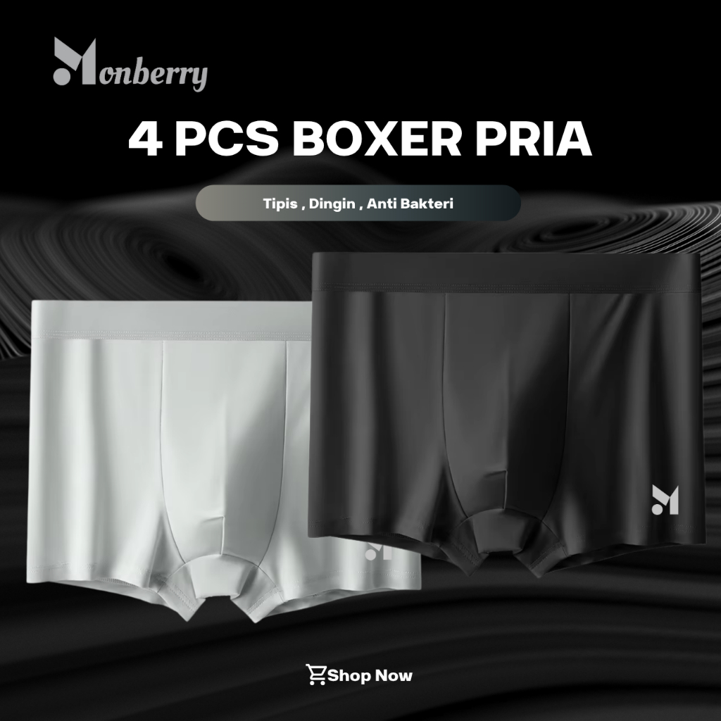Cool Premium Boxer Men's Underwear Contains 4 Monberry SB1F Cool Silk Seamless Men's Underwear Breathable Ultra Thin Comfortable Seamless Drawstring Briefs Short CD Underwear Cool Sempak Underwear Color Men Man Boys Plain Motif