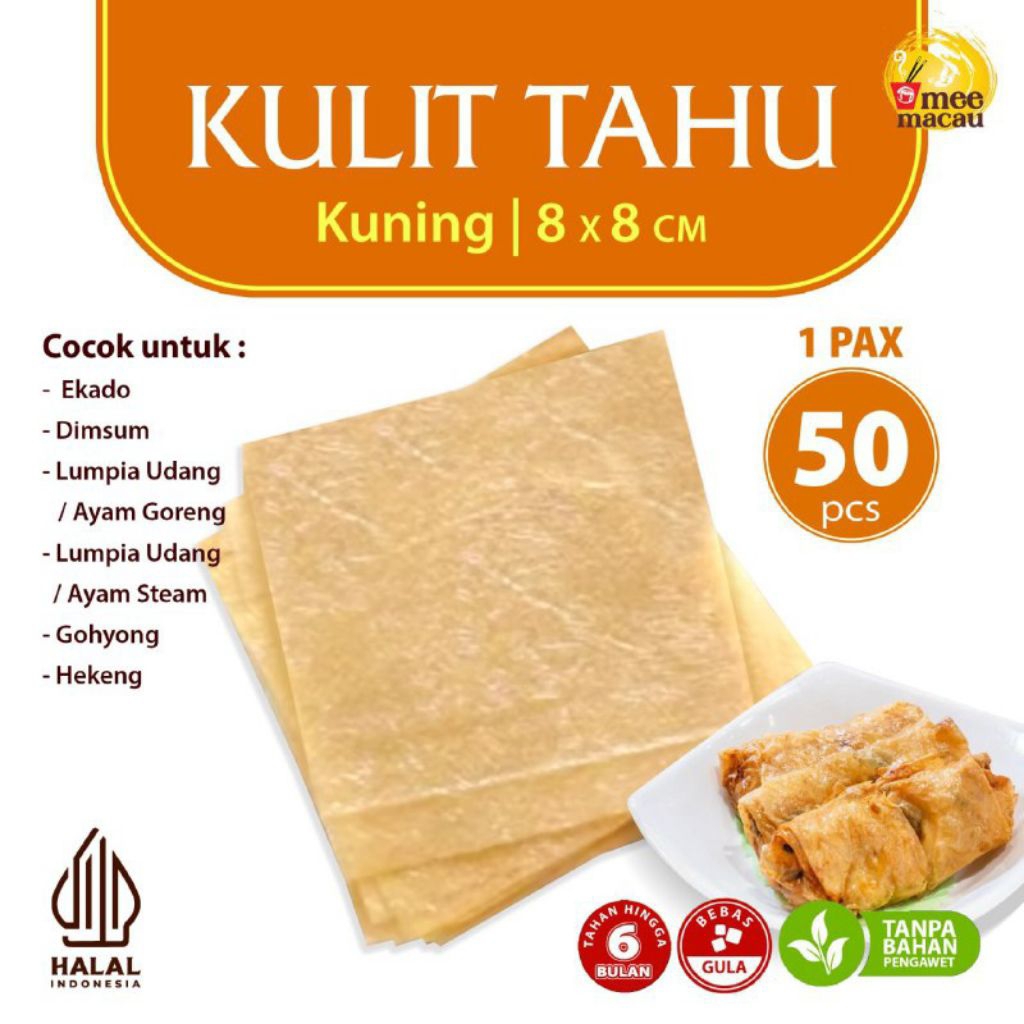 MERAH [8 x 8 cm] WHITE YELLOW SQUARE Tofu Skin 50 Sheets 8x8cm For Dimsum Lumpia Ekado Kekian Gohyong Hekeng Halal Brand Original Red Flower Cap Elastic Penang Not Easy to Tear Best Quality Suitable for Zero Calorie Diet