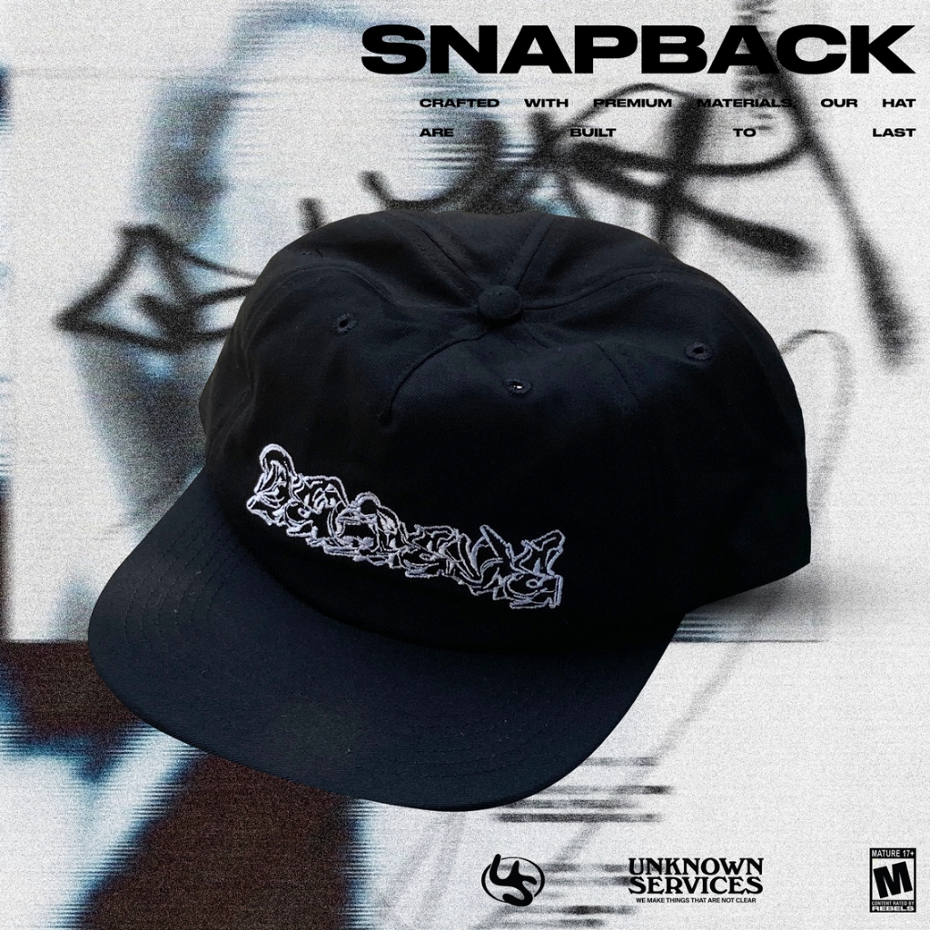 Unknown Services Snapback Hat Black design Believe White