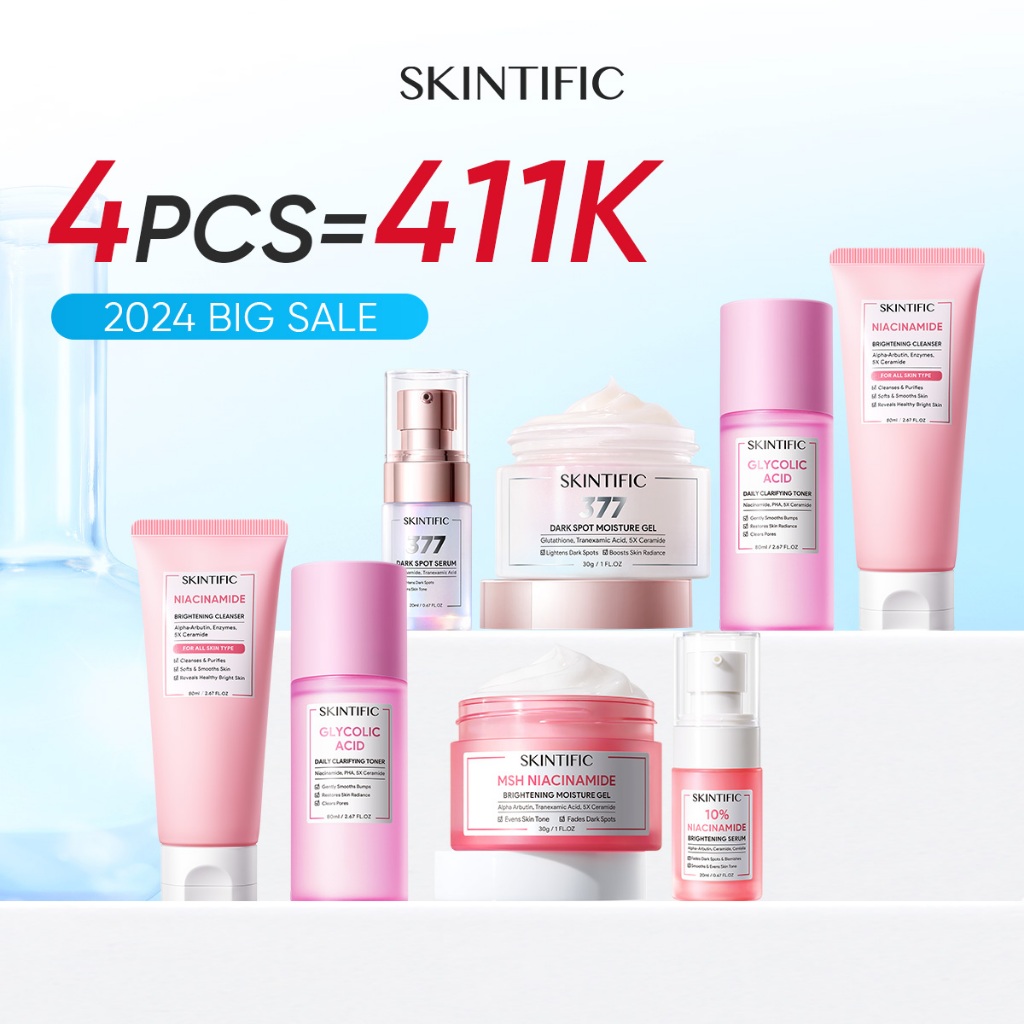 Skintific 4PCS Complete Skincare Package with Serum - Low pH Cleanser & Barrier Repair Moisture Gel & Exfoliating Peeling Rantiol & Niacinamide Brightening& Acid Anti Acne& Soothing Toner & Barrier Rrpair Serum & Anti Dark Spot Set