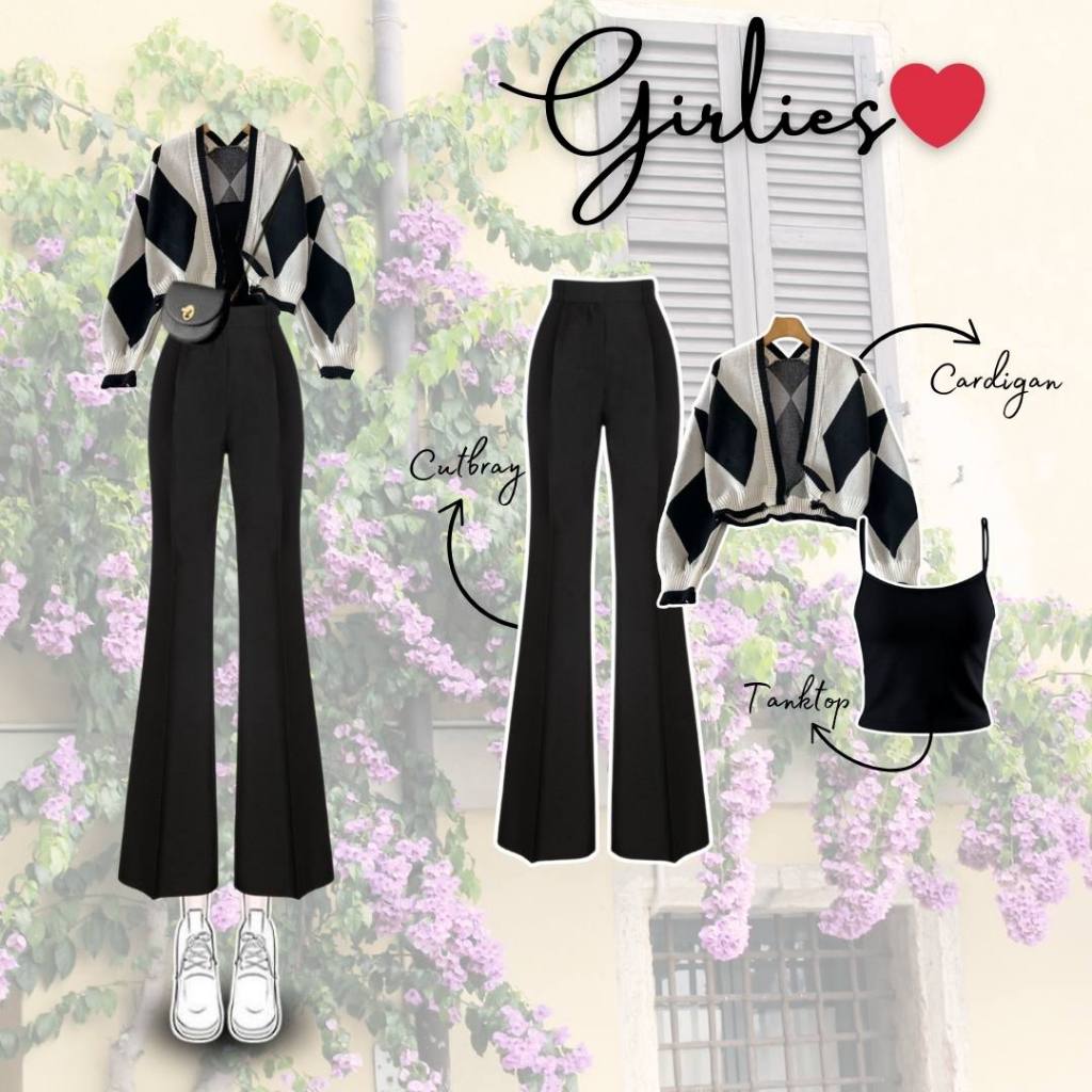 One Set Skena 3-in-1 Outfit TeenWanita | Black Scubacelana cutbray + Abstract Knit Cardigan + Tank Top | OOTD Fashionable Casual Comfortable College Walking syMPLE BJ86