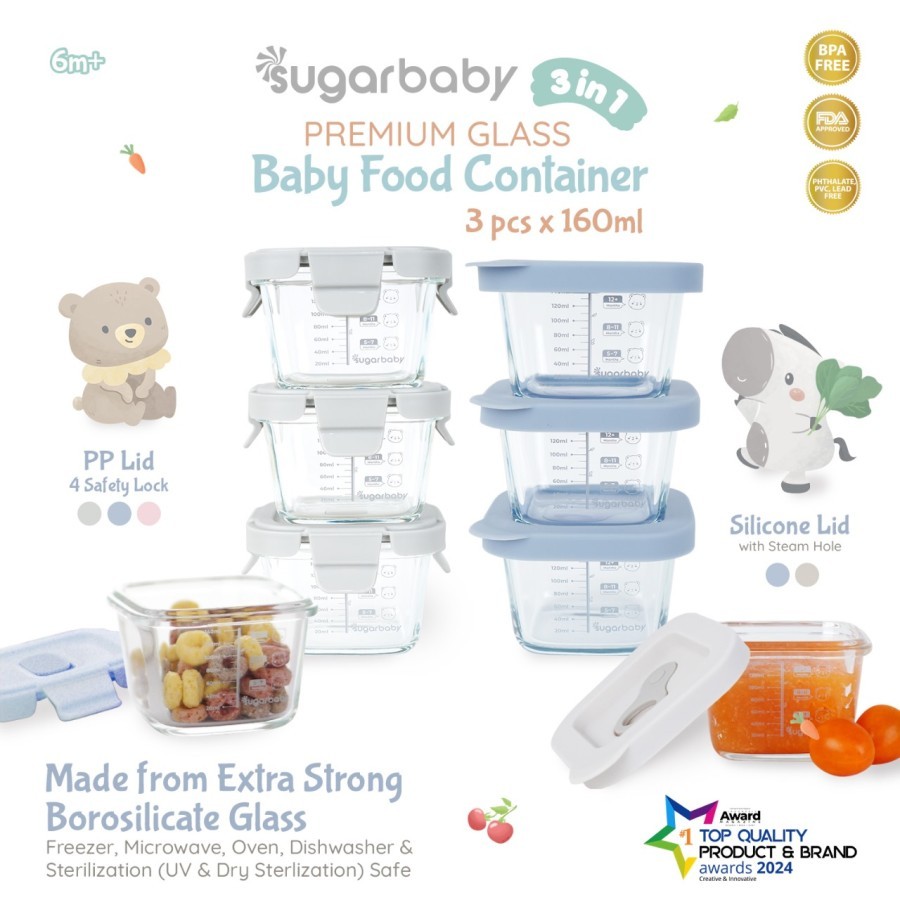 PERALATAN Sugar Baby Premium Glass Jar Baby Food Container 3pcs BPA FREE/Baby Feeding Equipment/Baby Bowl Container Silicone Lid & Plastic Lid