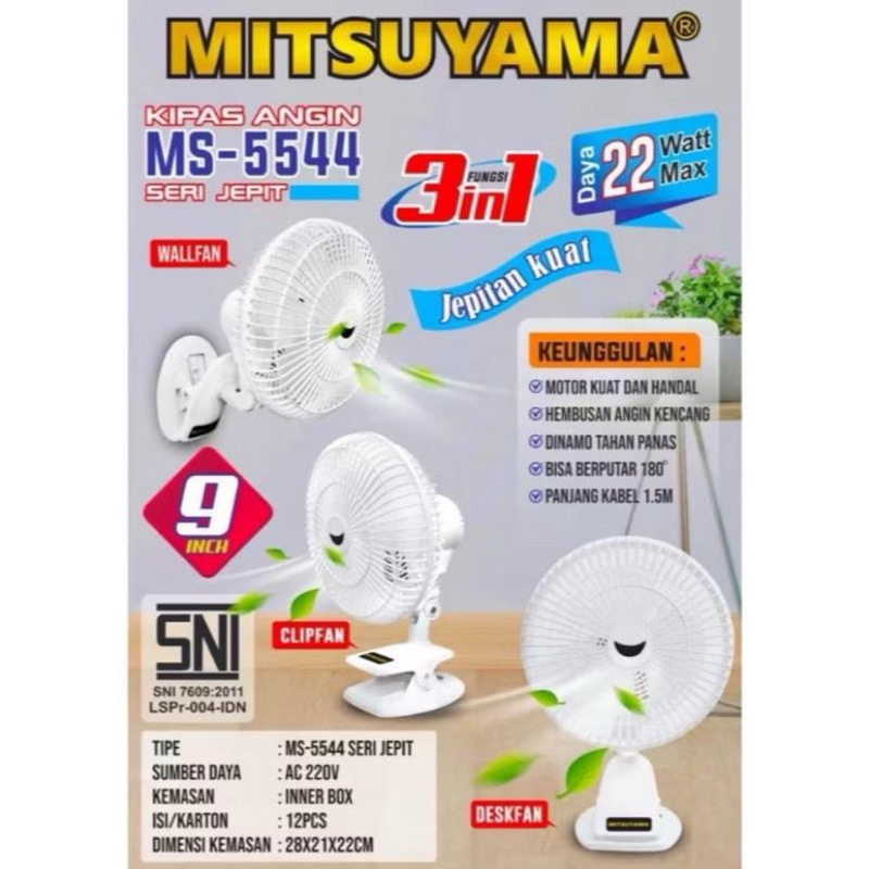 9" 3in1 Wall Fan Table Fan Mitsuyama Deskfan MS-5544 Clip-on Fan Kipas Dinding Kipas Meja