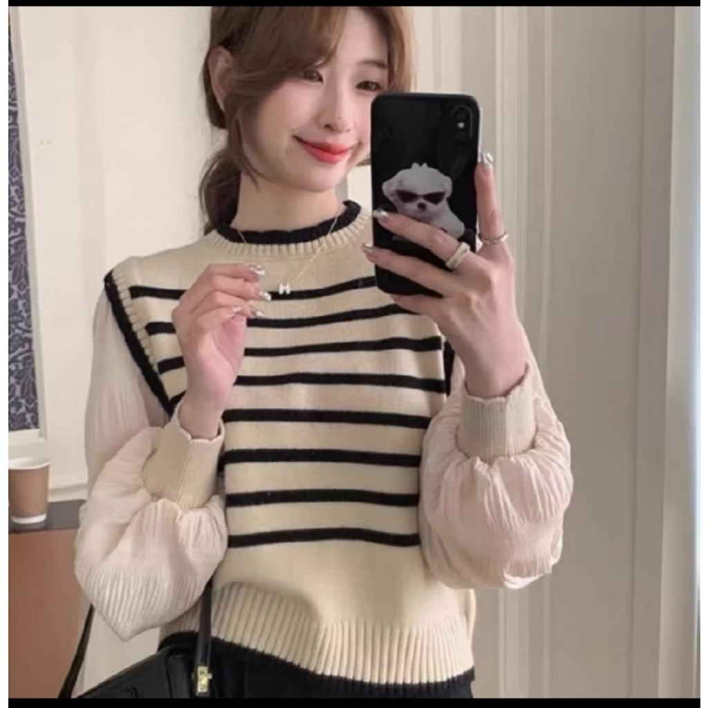 Women's Balloon Sleeve Knit Top - Korean Style Striped Knit Sweater