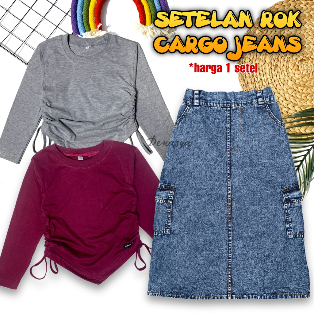 Girls' Fashion Style Snowblue Cargo Jeans Long Skirt Set Drawstring Crop Top T-Shirt/ Ages 2-12 Years