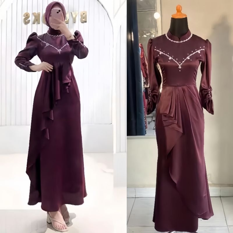 Burgundy Syar'i Gamis for Women | Kharisma Satin Dress Bridesmaid Mermaid Gamis Eid 2025