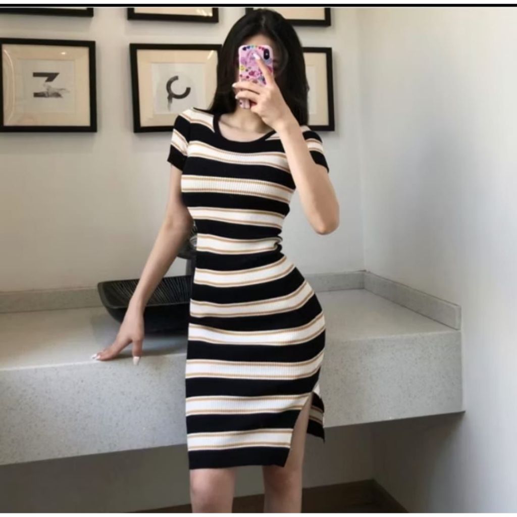 Sexy Dress Summer Split Striped O neck Bodycon