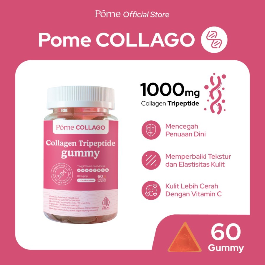 Pome Collago Collagen Tripeptide Gummy with Glutathione, Vitamin C, Niacinamide contains 60 Gummys