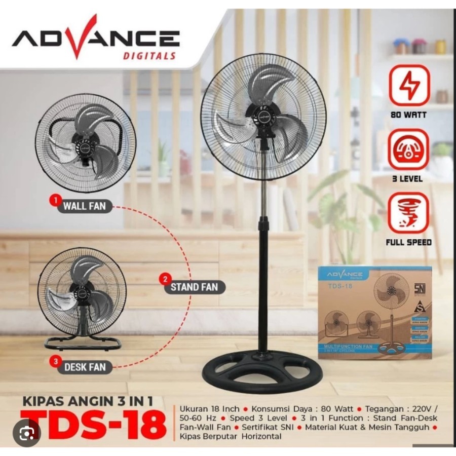 Fan Advance TDS-18 Tornado Fan with Iron Blades, strong wind, durable, and long lasting, can be 3 functions, table fans, and walls Kipas Angin Berdiri Kipas Dinding Kipas Meja