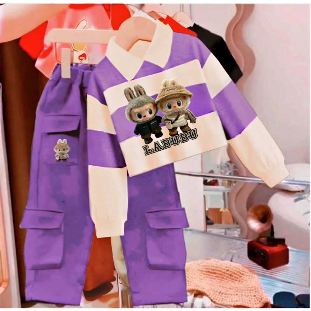 UNGU PURPLE STRIPE CROP CARGO SWEATER SET FOR KIDS 1-11 YEARS baju budak perempuan set