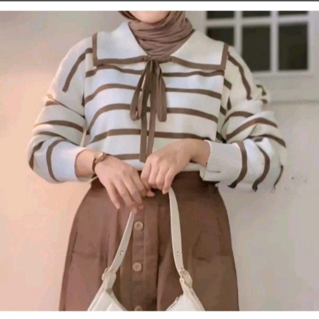 Eily Knitted Sweater Top - Women's Knitted Top with Striped Collar and Long Sleeves