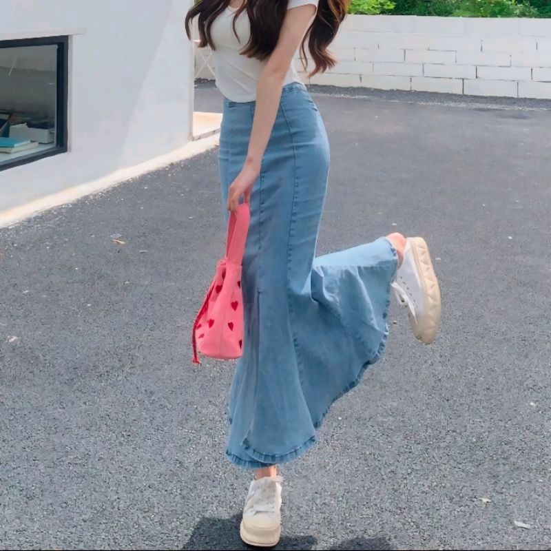 Denim Mermaid skrit High Waist slim A-line Elastic Mid-Sleeve Hip Skirt Seluler