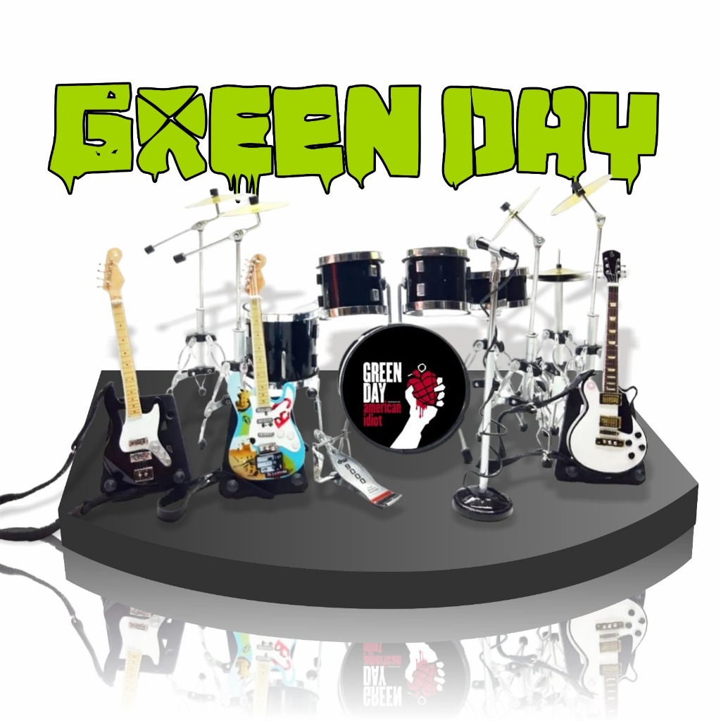 Green Drum Miniature Billie Joe Amstrong Exclusive Guitar 1/ 12 Scale Plus Mic Home Decoration Souvenir Photo Property