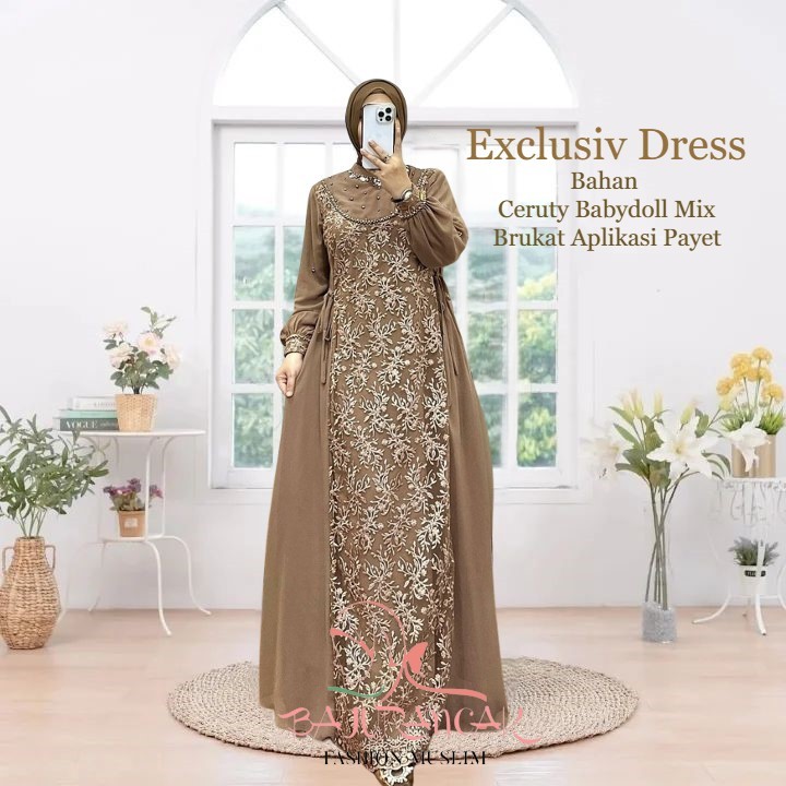 Exclusiv Dress Baju Gamis Raya Brocade Latest Luxury Party Fashion Women Muslimah Outfit