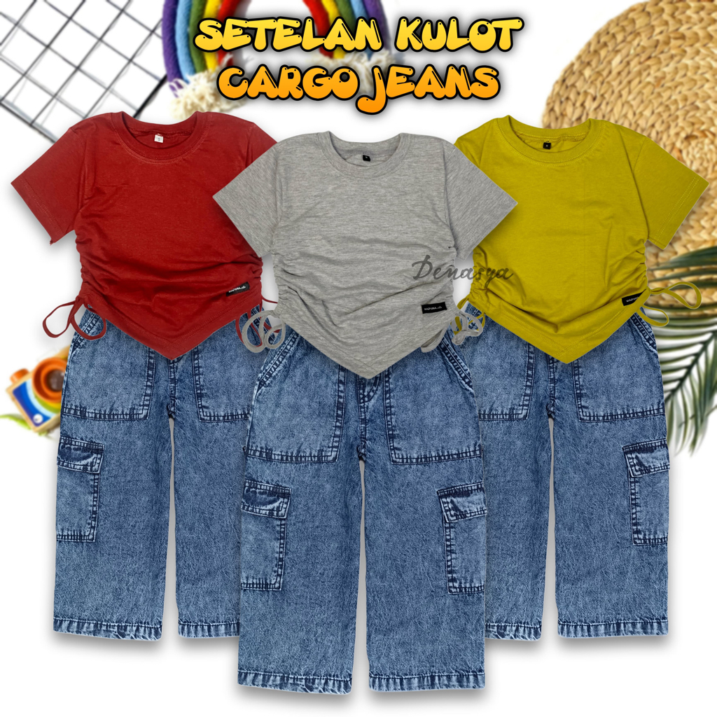 Fashion Girls' Jeans Set / Trendy Cargo Jeans Culottes / Crop Top Drawstring T-Shirt for Children Ages 2-12 Years Imported