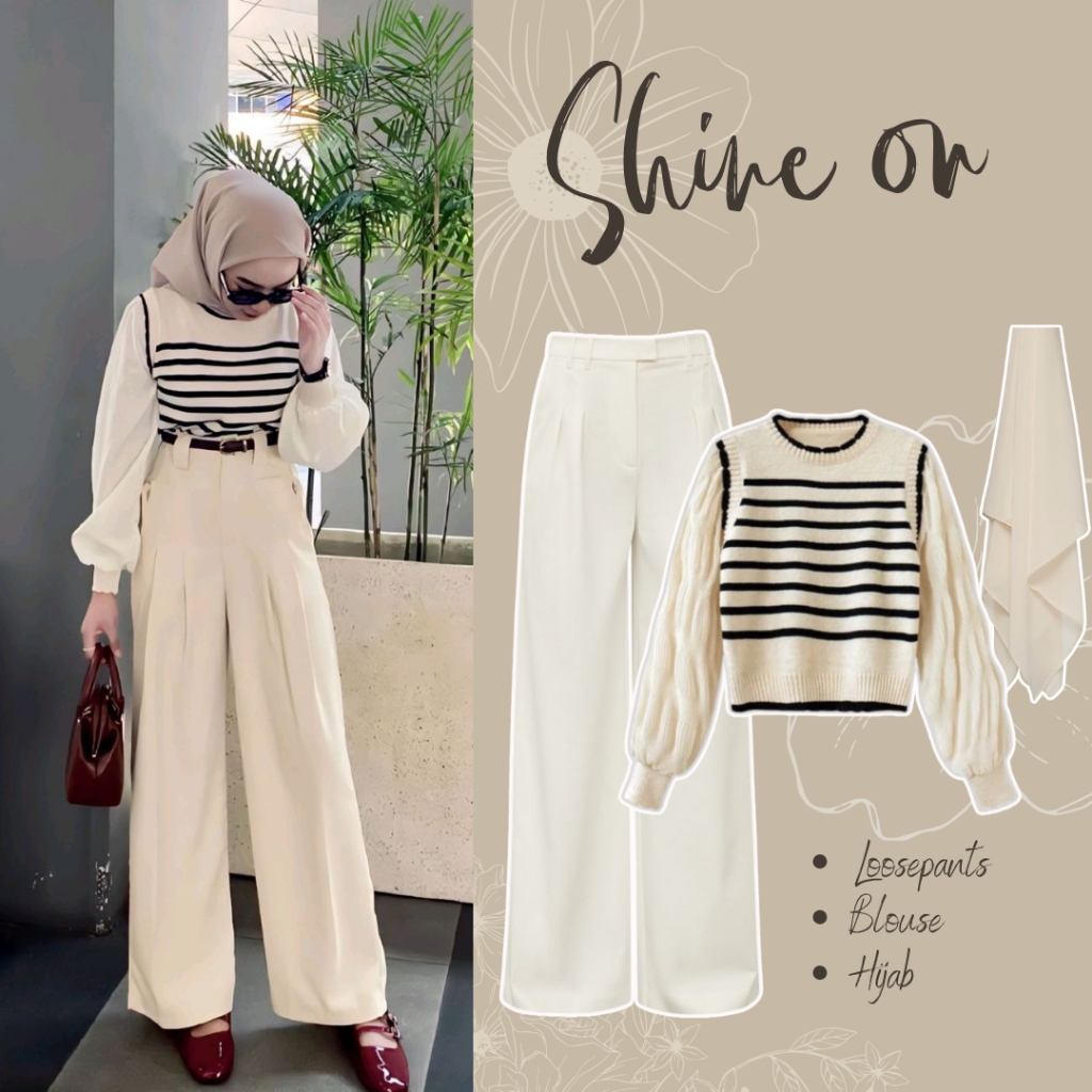 One Set 3-in-1 Trendy OutfitWanita | Loosepants Jennie Knit + Amira Stripe Knit Blouse + Bella Square Hijab IVORY | Fashionable Feminine Set Muslimah Simple Elegant casual BJ64