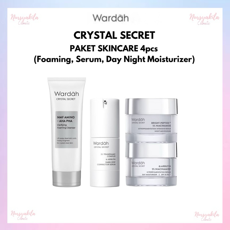 WARDAH Crystal Secret Skincare Package 4pcs - Foaming Cleanser + Serum + DAY + Night 30 gr