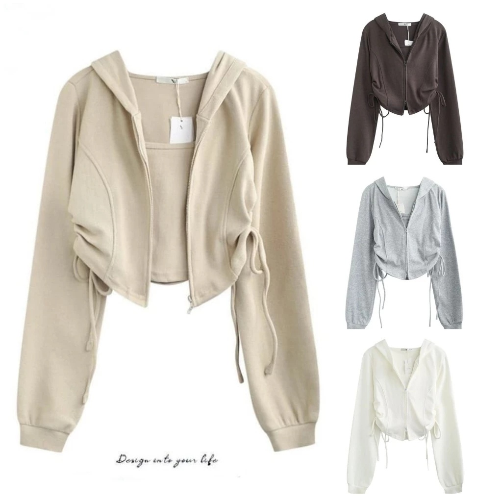 Adella Women's Crop Zipper Drawstring Jacket | Korean style casual top jacket for women