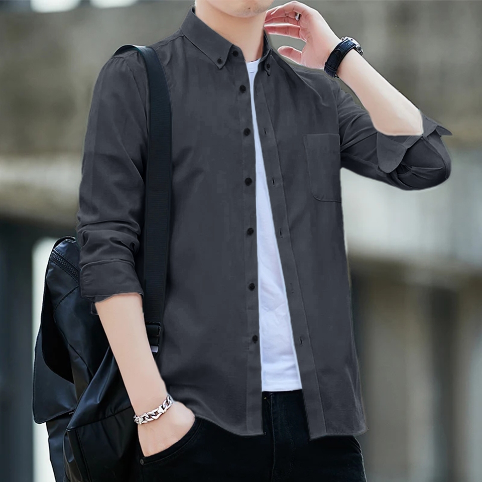 KEMEJA KATUN Men's Shirt Long Sleeve Plain Gray Navy Black Maroon White Hem Cool Boys Office And Casual Premium Cotton Material