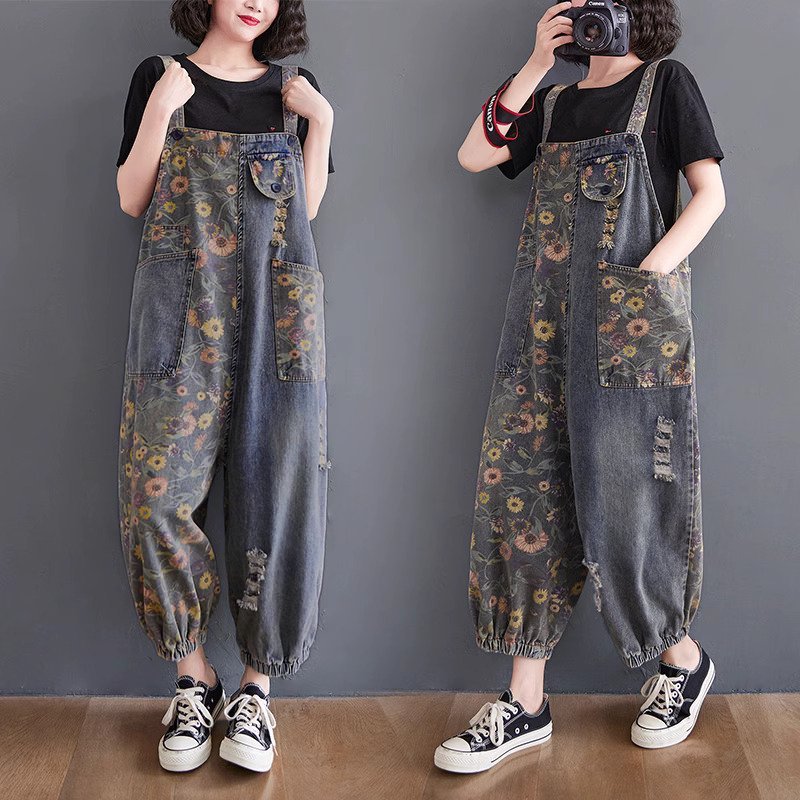LC802 Premium Oversized Jeans Jumpsuit with the Latest Floral Motif