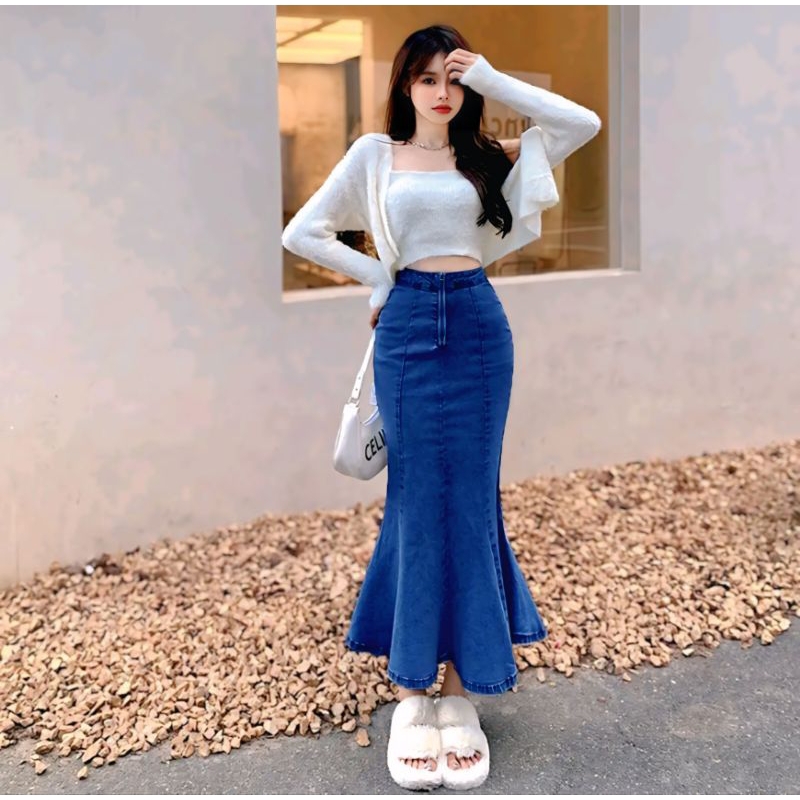Denim Mermaid Skirt Women's High Waist Slim A-line Elastic Mid-Length Hip Skirt Pants Skirts Wanita