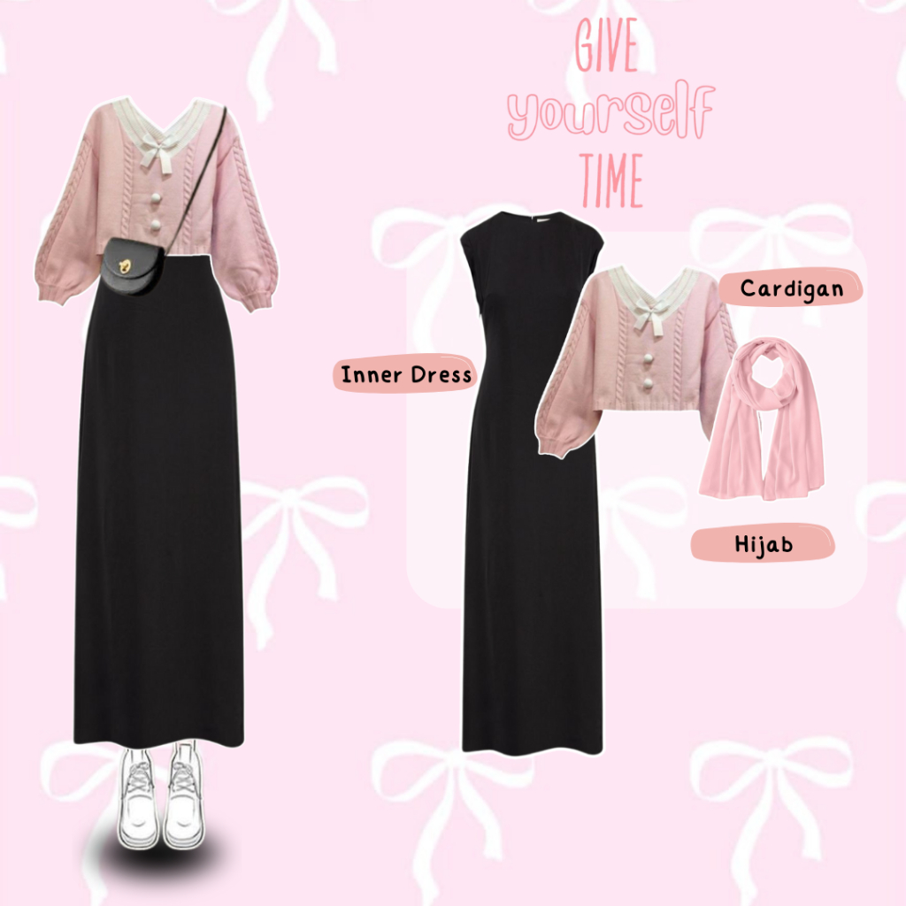 One Set 3in1 Ootd Korean Look | Black Span Inner Dress + Pink Knitted Sweater + Pashmina Hijab | Elegant Outfit Street Hangout Set Cute Korean Look OOTD BJ121
