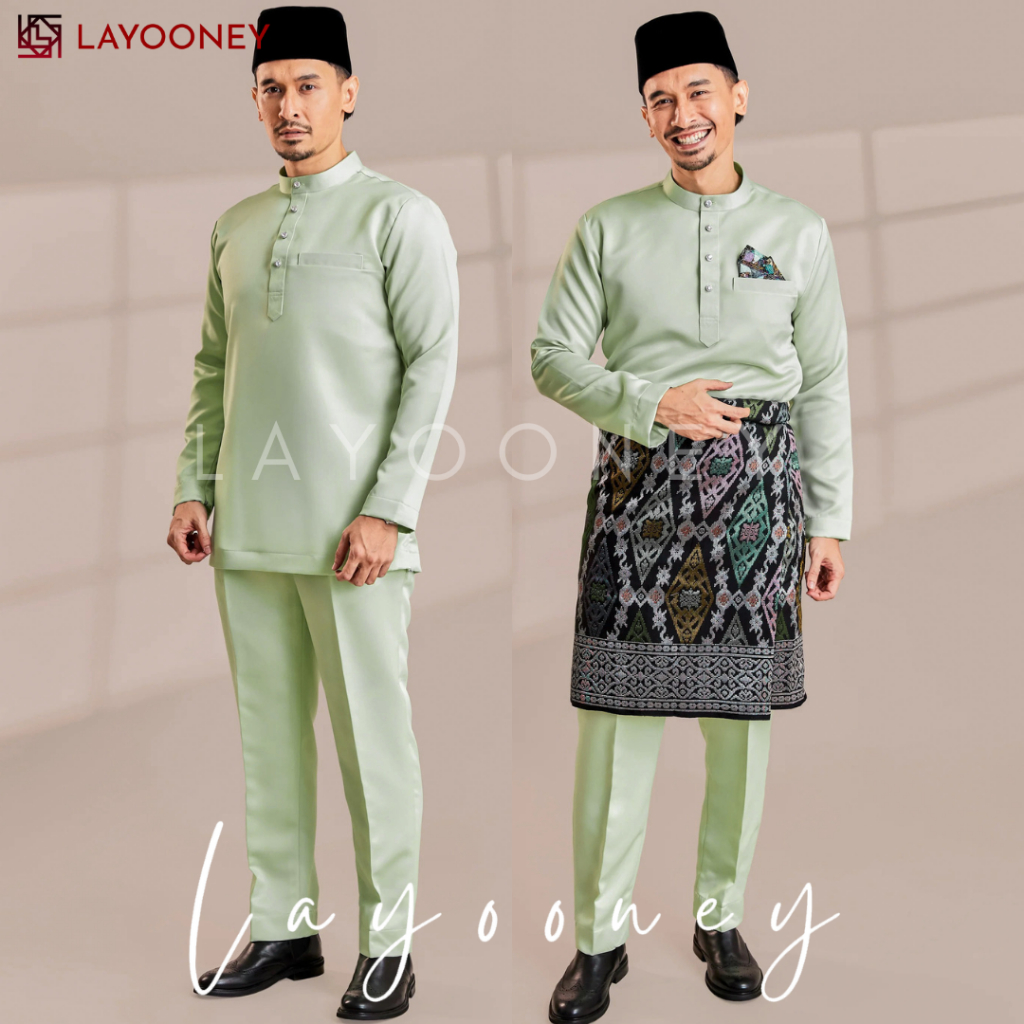HIJAU Men's Modern Malay Clothing Set, Cekak Musang, Sage Green, Muslim Clothing Set Premium Satinkoko Baju Melayu Lelaki