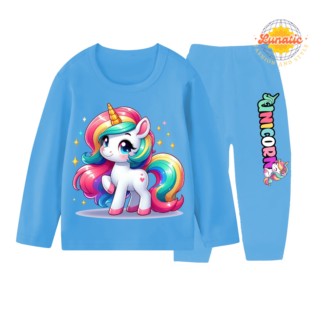Girls' Long-Sleeved Pajamas with Small Unicorn Motif, Size 1-10 Years