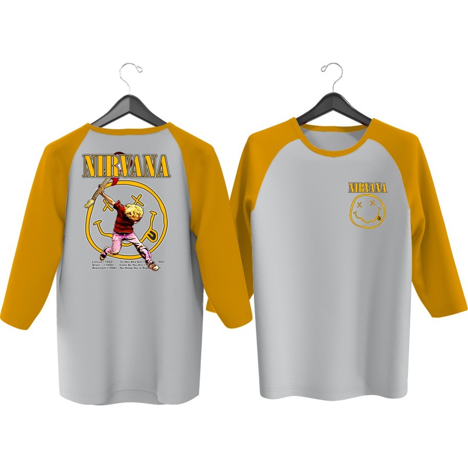 MEN'S RAGLAN T-SHIRT NIRVANA SMILE SCREEN PRINTING FRONT BACK \ MEN'S RAGLAN T-SHIRT LONG SLEEVE MEN'S TOP T-SHIRT/ DISTRO T-SHIRT/ SIMPLE T-SHIRT/ MEN'S T-SHIRT/